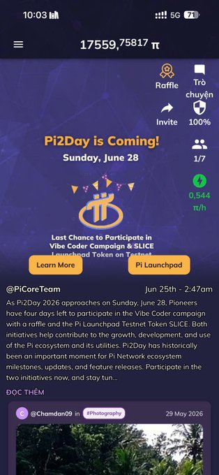 The image shows a phone screen displaying an event page for Pi2Day, which is coming up soon. The event details include the date, time, location, and other information about the gathering. There are also several social media icons on the screen, indicating that attendees can share their experiences with friends or followers using these platforms.