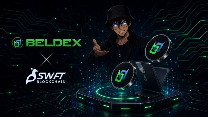 A promotional banner for a 'BELDEX x SWAFT BLOCKCHAIN' collaboration featuring an anime character in a black bucket hat and glasses, with floating green 'bd' coin graphics against a tech-themed dark background.