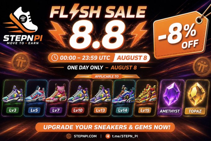 A promotional graphic for STEPN PI's "Flash Sale 8.8" on August 8, offering 8% off Sneaker NFTs (Lv3-Lv15) and Amethyst and Topaz gems for 24 hours only. The accompanying post elaborates on the one-day sale event and reminds users to have PI tokens ready in their STEPN PI wallet.