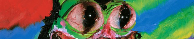 A colorful, abstract painting featuring two large, bloodshot eyes rendered in red, green, and blue textured brushstrokes.