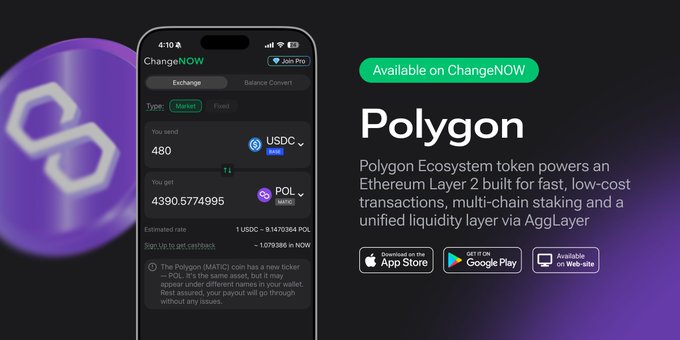 A promotional image for ChangeNOW cryptocurrency exchange showing a phone screen with a USDC to POL (Polygon) swap interface, advertising the Polygon Ecosystem token.