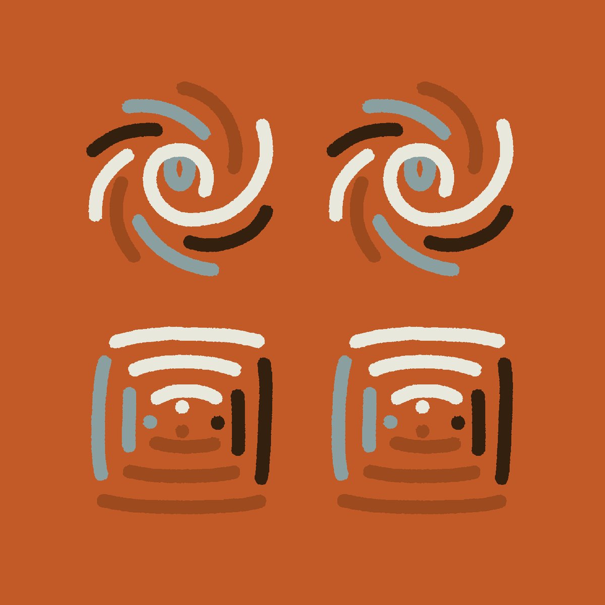 The image presents two abstract designs that are circular shapes, each with a different color scheme within them. One has blue and white stripes, while the other features orange and gray swirls. These artistic creations appear to be part of a larger set or collection due to their identical design and shared colors. Both pieces seem to be in good condition, suggesting they have been well-cared for or preserved over time. This post aims to showcase these lovely designs that are visually appealing and worth sharing with others who appreciate art and aesthetics.