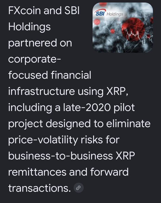 An informational graphic with text explaining that FXcoin and SBI Holdings partnered on corporate-focused financial infrastructure using XRP, including the SBI Holdings logo.