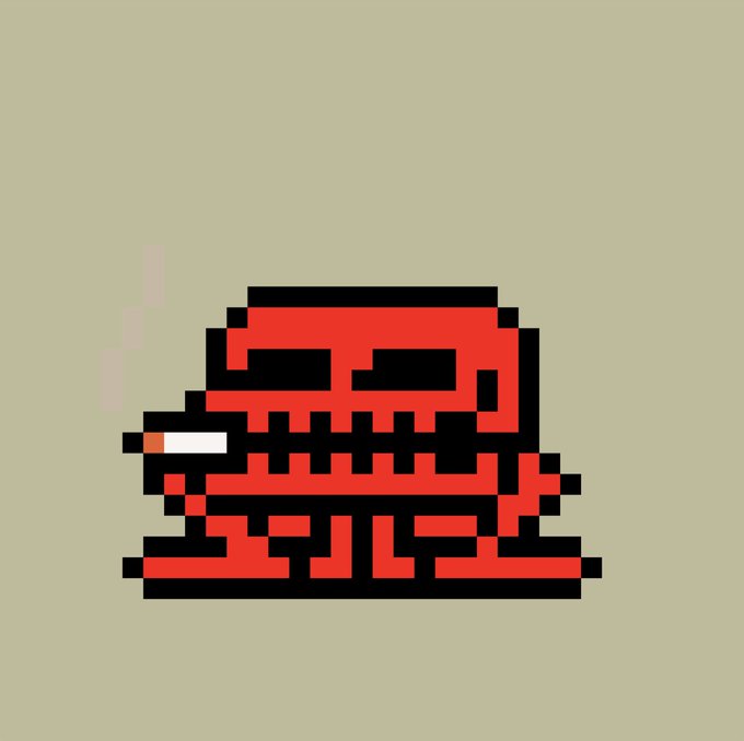 A pixel art image of a red skull with sharp teeth and a cigarette in its mouth, with smoke rising, set against a tan background.