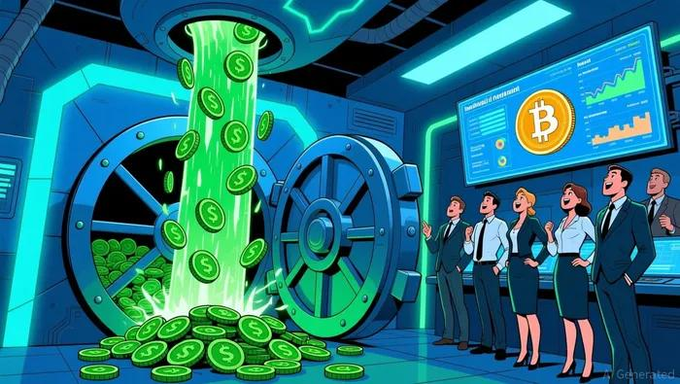 A cartoon-style AI-generated image depicting people in business attire watching green money flow from a vault with Bitcoin charts on a screen.