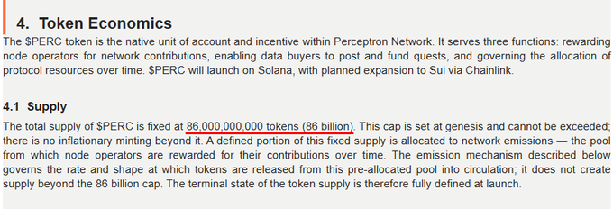 A documentation excerpt titled '4. Token Economics' explaining that $PERC has a fixed total supply of 86,000,000,000 tokens (86 billion), launching on Solana with planned expansion to Sui via Chainlink.