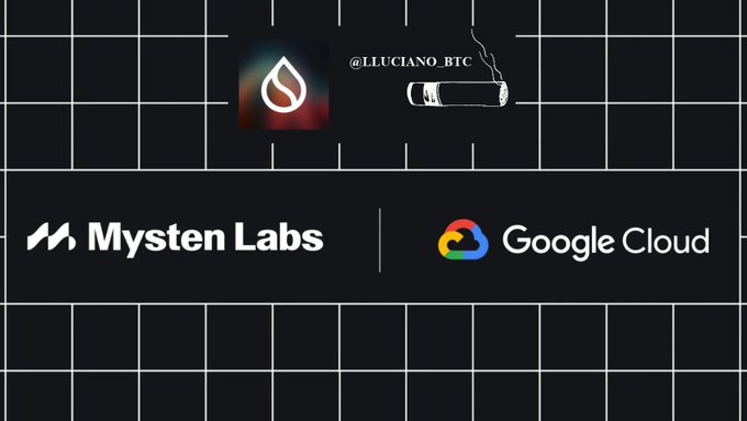 The image displays a partnership announcement between Mysten Labs (the developer of the Sui blockchain) and Google Cloud, featuring the Mysten Labs and Google Cloud logos against a dark grid background, along with a Sui logo and the handle "@LLUCIANO_BTC." This visual relates to the post by highlighting how Sui's collaboration with Google Cloud supports real-world use cases, particularly around verifying that AI agents perform their intended business functions.