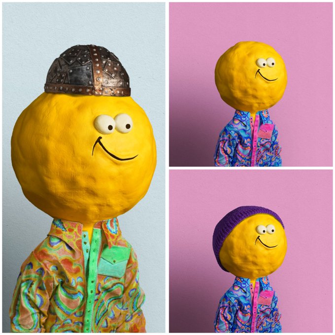 A collage of three images showing a handmade figurine featuring a lemon-shaped head with a simple smiley face, dressed in various colorful patterned shirts and headwear including a metal helmet and a purple beanie.