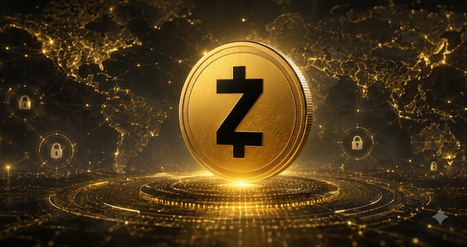 A glowing gold Zcash (ZEC) cryptocurrency coin with its distinctive 'Z' symbol, set against a dark world map background with floating padlock icons.