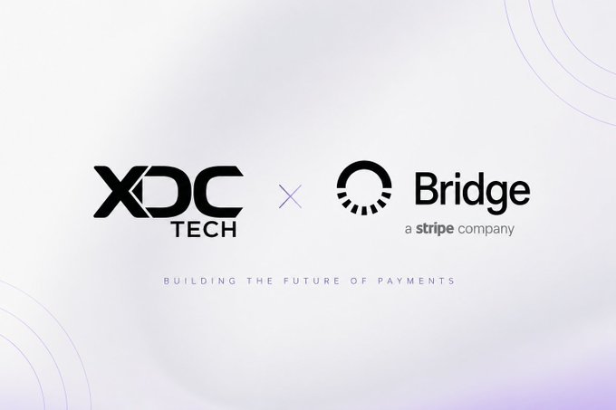 A minimalist promotional graphic announcing a partnership between 'XDC TECH' and 'Bridge' (a Stripe company) with the tagline 'BUILDING THE FUTURE OF PAYMENTS'.
