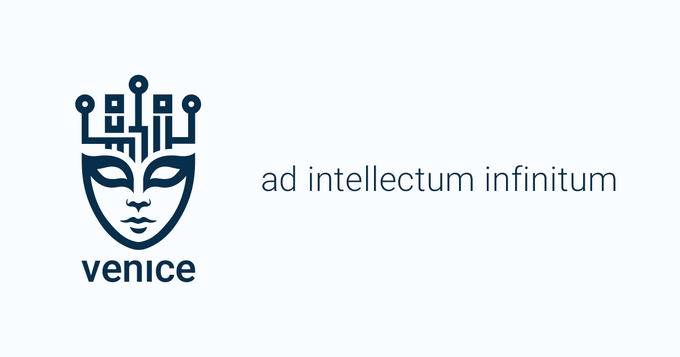 A Venice AI logo featuring a stylized mask with circuit-like headgear, accompanied by the Latin phrase "ad intellectum infinitum," appears alongside a post promoting $VVV as a privacy-first AI token with real revenue and deflationary mechanics, built by Erik Voorhees.