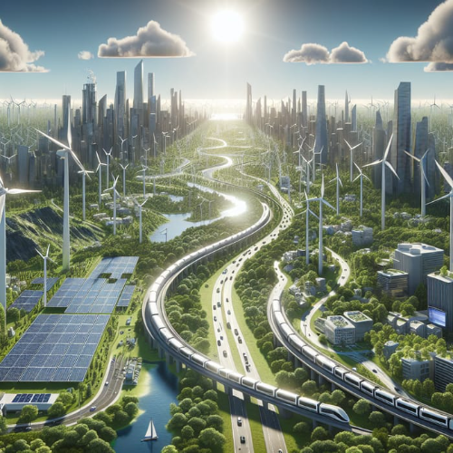 A futuristic cityscape featuring tall skyscrapers, numerous wind turbines, solar panels, and a winding highway with a high-speed train, surrounded by lush greenery and waterways under a bright sun.
