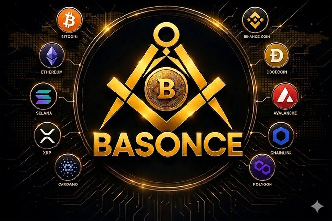 The image features a logo for Basenose, which is an online cryptocurrency exchange platform. The logo consists of a golden circle with a triangle inside, surrounded by various symbols representing different cryptocurrencies such as Bitcoin, Ethereum, Solana, and more. These symbols are arranged in a circular pattern around the central golden circle, creating a visually appealing and cohesive design that represents the interconnected nature of digital assets and their potential for growth within the cryptocurrency market.