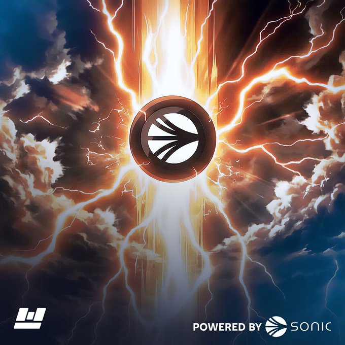 The image shows the Sonic logo at the center of an explosive burst of lightning and clouds, with the text "POWERED BY SONIC" displayed in the lower right corner. This visually reinforces the post's claim that Sonic's high-speed performance makes it the ideal chain for scaling concentrated liquidity and capturing maximum builder fees.