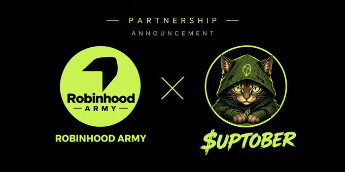 The image is a partnership announcement graphic featuring "Robinhood Army" (left, with its green question mark logo) and "$UPTOBER" (right, depicted as a cat in a green hooded cloak), tied together by a bold "X" and topped with "PARTNERSHIP ANNOUNCEMENT" text. It visually supports the post's message by branding $UPTOBER's rising volume and momentum as an official collaboration with the Robinhood Army community.