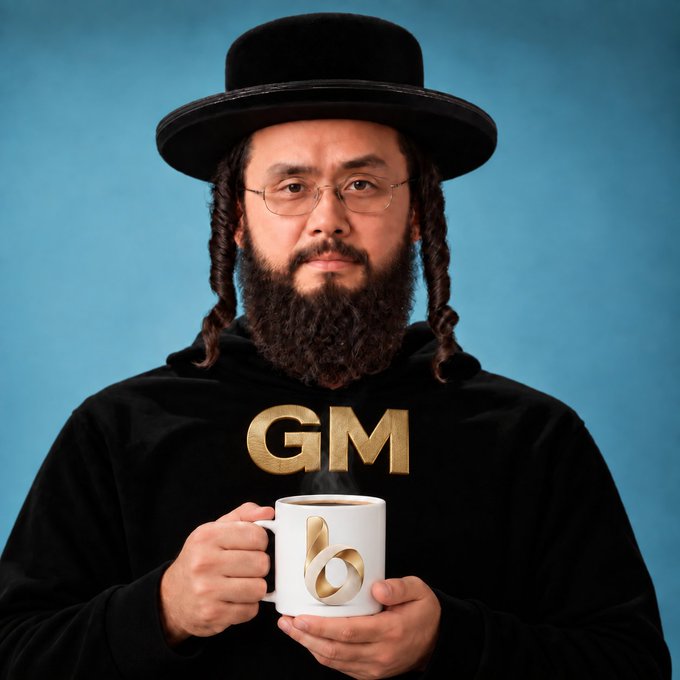 A bearded man with peyot (side curls) wearing a black hat and a black hoodie with 'GM' in gold letters holds a white mug featuring a gold logo, against a blue background.