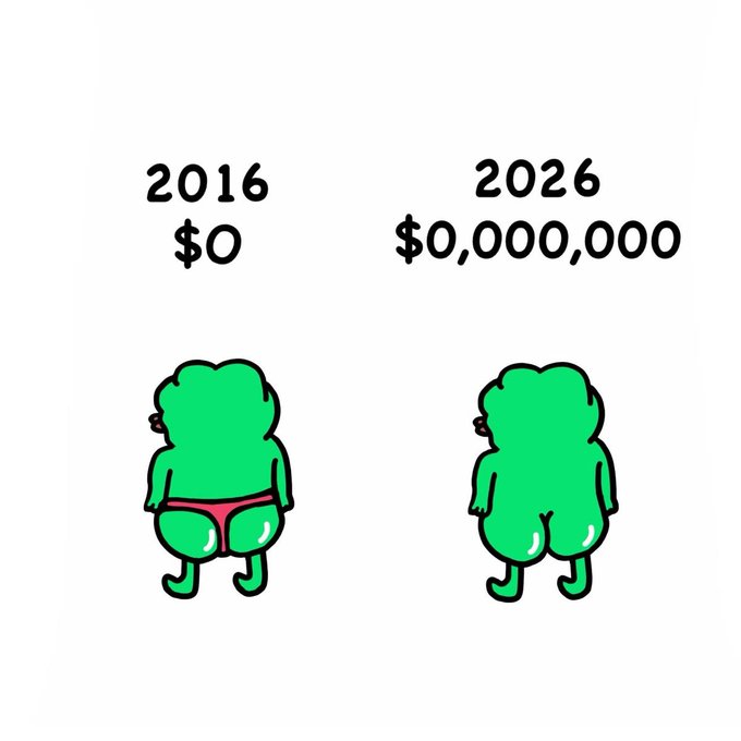 A humorous infographic compares '2016 $0' to '2026 $0,000,000', depicting the same cartoon character in 2016 wearing only underwear, while the 2026 version is fully clothed in green.