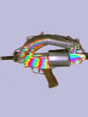A distorted 3D model of an object with a glitchy, rainbow-colored iridescent texture against a plain gray background.