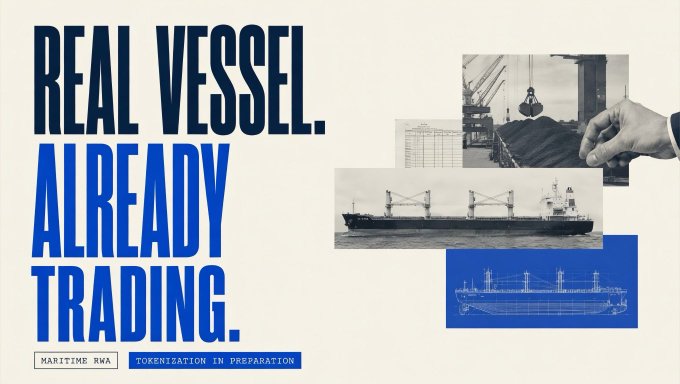 A promotional graphic with bold blue text reading 'REAL VESSEL. ALREADY TRADING.' alongside images of cargo ships, cranes, and 'MARITIME RWA' / 'TOKENIZATION IN PREPARATION' labels.