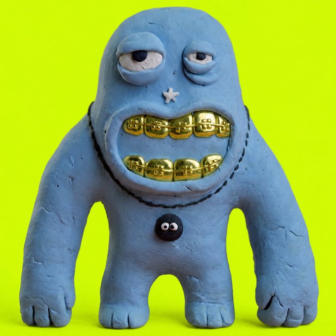 A clay sculpture of a blue monster figure with half-closed eyes, gold grillz with dollar signs, and a small black creature on its chest, set against a bright yellow background.