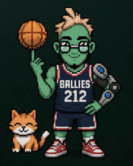 Pixel art illustration of a green-skinned character wearing glasses and a 'BALLIES 212' basketball jersey, spinning a basketball on his finger, accompanied by a small orange cat.