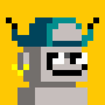 A pixel art character with a teal and white hat, gray face, and yellow eyes against a bright yellow background.