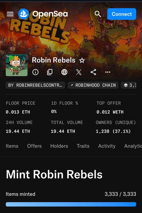 An OpenSea marketplace page for the 'Robin Rebels' NFT collection on Robinhood Chain, showing a floor price of 0.013 ETH and a minting progress bar at 3,333/3,333.