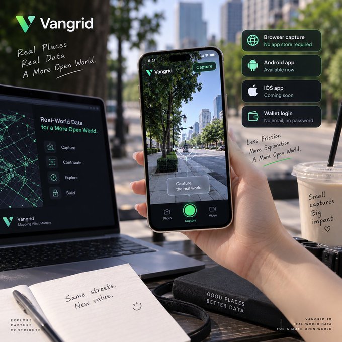 A promotional graphic for the 'Vangrid' app highlights features like 'Browser capture' and 'Android app', showing a smartphone capturing a street view next to a laptop displaying the dashboard.