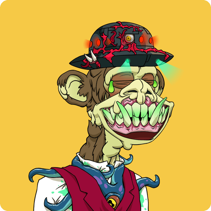 A cartoon illustration of a grotesque zombie-like character with green skin, sharp teeth, glowing green eyes, and a cracked red-and-black hat.
