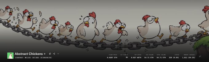 A digital illustration titled 'Abstract Chickens' showing a line of cartoon chickens walking across a chain, with cryptocurrency market ticker data displayed at the bottom.