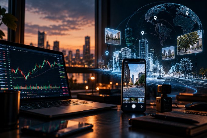A desk setup featuring a laptop displaying stock trading charts, a smartphone showing a camera interface, and a digital globe with location pins and city photos, set against a sunset cityscape view.