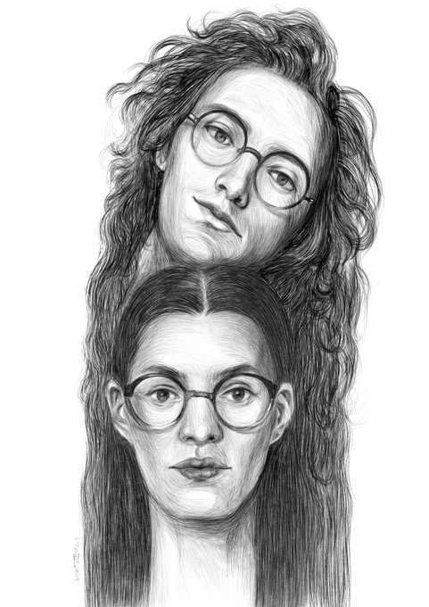 A black and white pencil illustration shows two women with long hair, hoop earrings, and headset microphones smiling together on a stage with a glowing purple staircase backdrop. The post's XTZ token reference suggests this is a crypto-themed NFT on the objkt platform, though no readable text or numbers appear in the artwork itself.