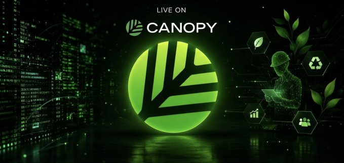A promotional graphic reading 'LIVE ON CANOPY' with a glowing green tree logo, featuring digital icons for sustainability and recycling alongside a figure in a hard hat.