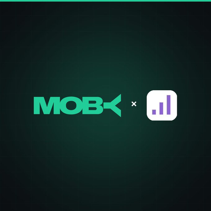 A promotional graphic with a dark green background displays the "MOBY" logo in bright green text alongside a bar chart icon, separated by a small "x" symbol, representing the partnership between Moby and Clanker. The design visually echoes the post's announcement about Clanker token launches being integrated into Moby's platform across Base and Robinhood Chain.