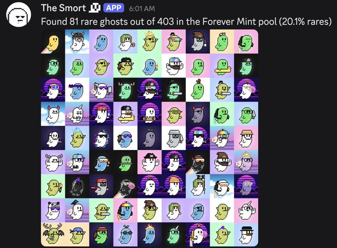 Screenshot from 'The Smort' App showing a grid of 81 rare ghost characters out of 403 collected (20.1% rares) in the Forever Mint pool.