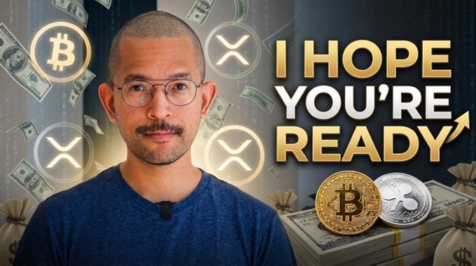 A man with glasses appears in front of Bitcoin and XRP graphics with falling money, alongside bold gold text reading "I HOPE YOU'RE READY," visually reinforcing the YouTube thumbnail's bold prediction that Ripple XRP will surge to $32 per coin.