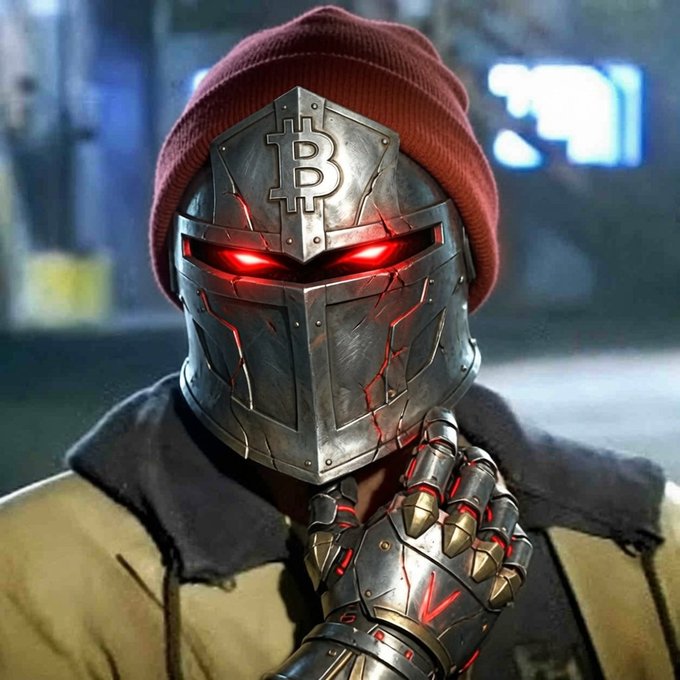 A digital artwork of a figure wearing a dark red beanie and medieval-style metal armor helmet featuring the Bitcoin '₿' symbol, with glowing red eyes and a clawed gauntlet.