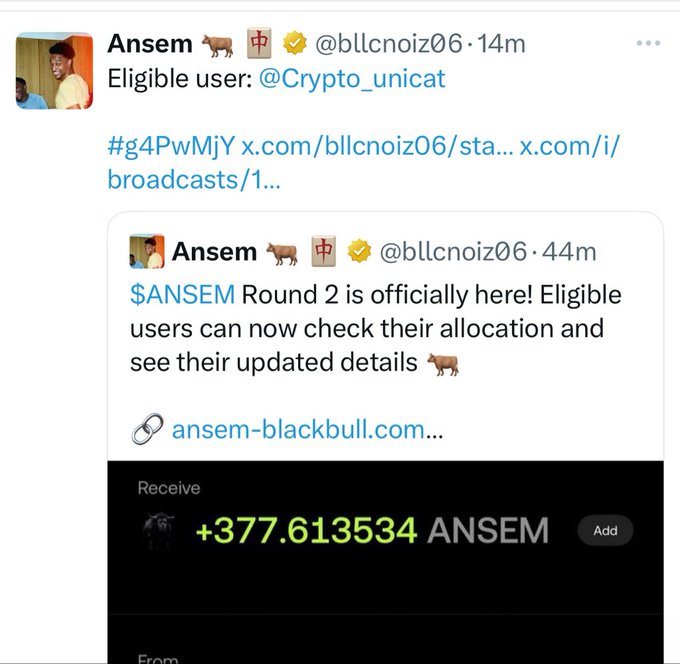A screenshot of an X/Twitter post by Ansem (@bllcnoiz06) announcing '$ANSEM Round 2' for eligible user @Crypto_unicat, showing a token allocation of +377.613534 ANSEM.