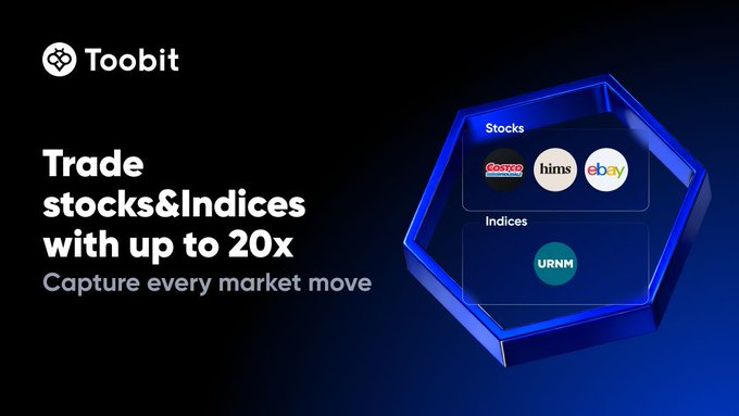 The image shows a blue hexagonal graphic design containing stock symbols, with "Trade" and "Stocks & Indices" prominently displayed against a dark background. The text in the image refers to a "Toobit" listing alert related to trading and stocks on Up to 20x leverage, possibly for a new listing of new stock offerings or an existing listed stock that has been moved to another market.