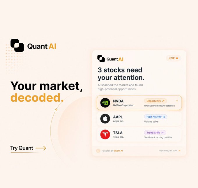 A promotional graphic for Quant AI featuring their app interface that displays real-time stock alerts for NVDA (Nvidia Corporation) flagged as "Opportunity," AAPL (Apple Inc.) with "High Activity," and TSLA (Tesla, Inc.) showing a "Trend Shift," alongside the tagline "Your market, decoded." The image visually supports the post's point about Quant AI transforming financial intelligence into an accessible, conversational format by showing how the platform automatically scans the market and surfaces actionable insights—all three highlighted stocks represent high-momentum opportunities that align with the kind of narratives, smart money movements, and sentiment shifts the poster describes tracking manually.
