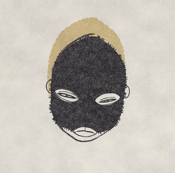 A minimalist drawing of a face on a textured gray background, featuring a large black oval for the face with simple line eyes and mouth, topped with a blonde-yellow hair shape.
