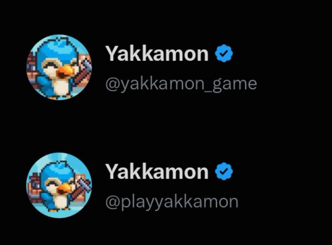 The image displays two Twitter/X accounts claiming to be "Yakkamon," both with verified blue checkmarks: @yakkamon_game and @playyakkamon, each featuring the same pixel-art blue bird mascot as the profile picture. This visual comparison directly supports the post's concern about which account is the legitimate official Yakkamon, as users are unable to distinguish between the two similarly branded verified handles.
