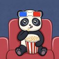 A small pixelated panda wearing 3D glasses sits in a red movie theater seat holding a bucket of popcorn.