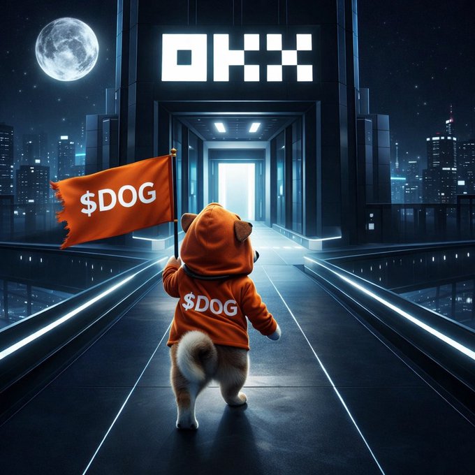 A digital artwork showing a dog wearing an orange hoodie with '$DOG' on it, holding an orange '$DOG' flag, walking on a futuristic pathway toward an 'OKX' logo under a full moon.