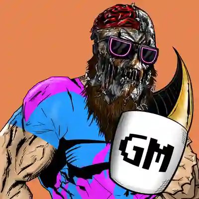 An illustration of a bearded character with a metallic skull helmet and purple sunglasses, wearing a blue and pink outfit, alongside a white shield logo bearing the letters "GM".