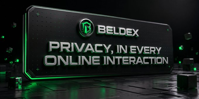 A sleek black sign with green neon accents displays the Beldex logo alongside the text "BELDEX" and the tagline "PRIVACY, IN EVERY ONLINE INTERACTION," set against a dark, futuristic background with floating cubes. The image visually reinforces the accompanying post's focus on Beldex's privacy-focused approach to blockchain technology, particularly its VRF-based Proof of Stake consensus research aimed at enhancing validator security and randomness.