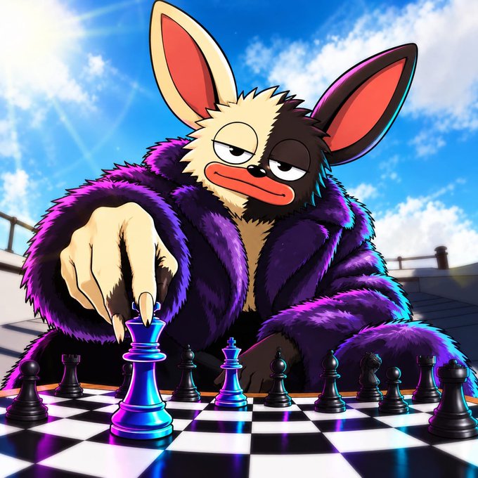 A confident furry creature in a purple fur coat is making a move on a chessboard, symbolizing strategic gameplay. The image pairs with a $SOL airdrop post, suggesting a calculated or "game-changing" crypto opportunity for the first 2,000 participants who submit their wallet addresses.