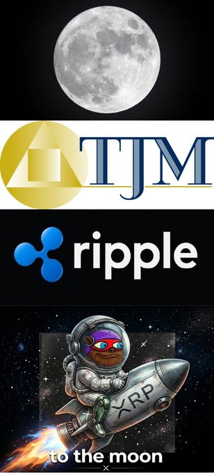 A four-panel graphic showing a full moon, the TJM company logo, the Ripple cryptocurrency logo, and a Pepe the Frog meme riding an XRP-branded rocket with the text 'to the moon'.