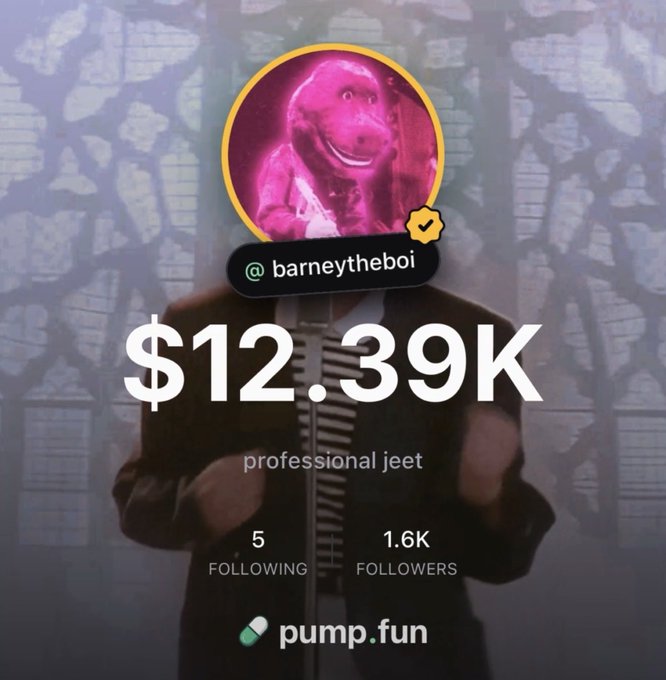 The image shows a Pump.fun profile for "barneytheboi" (@barneytheboi), a "professional jeet" with $12.39K, 5 following, and 1.6K followers, featuring Barney the Dinosaur as the avatar. The caption pairs with the post's bold claim about the fastest $10K to $1M journey, highlighting the modest starting capital shown in the profile as a launching point for the projected moon shot.