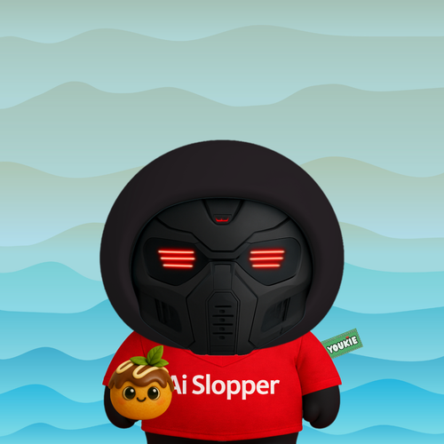 A cartoon character with a black helmet featuring red glowing eyes, wearing a red t-shirt labeled 'Ai Slopper', holding a small green plush toy and a cookie.